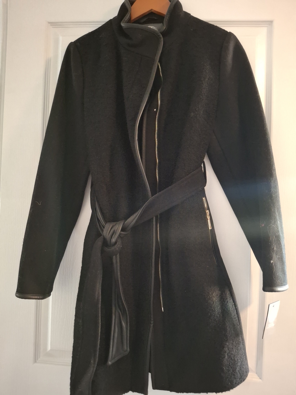 Vince Camuto Black Belted Trench Coat with Leather Trim